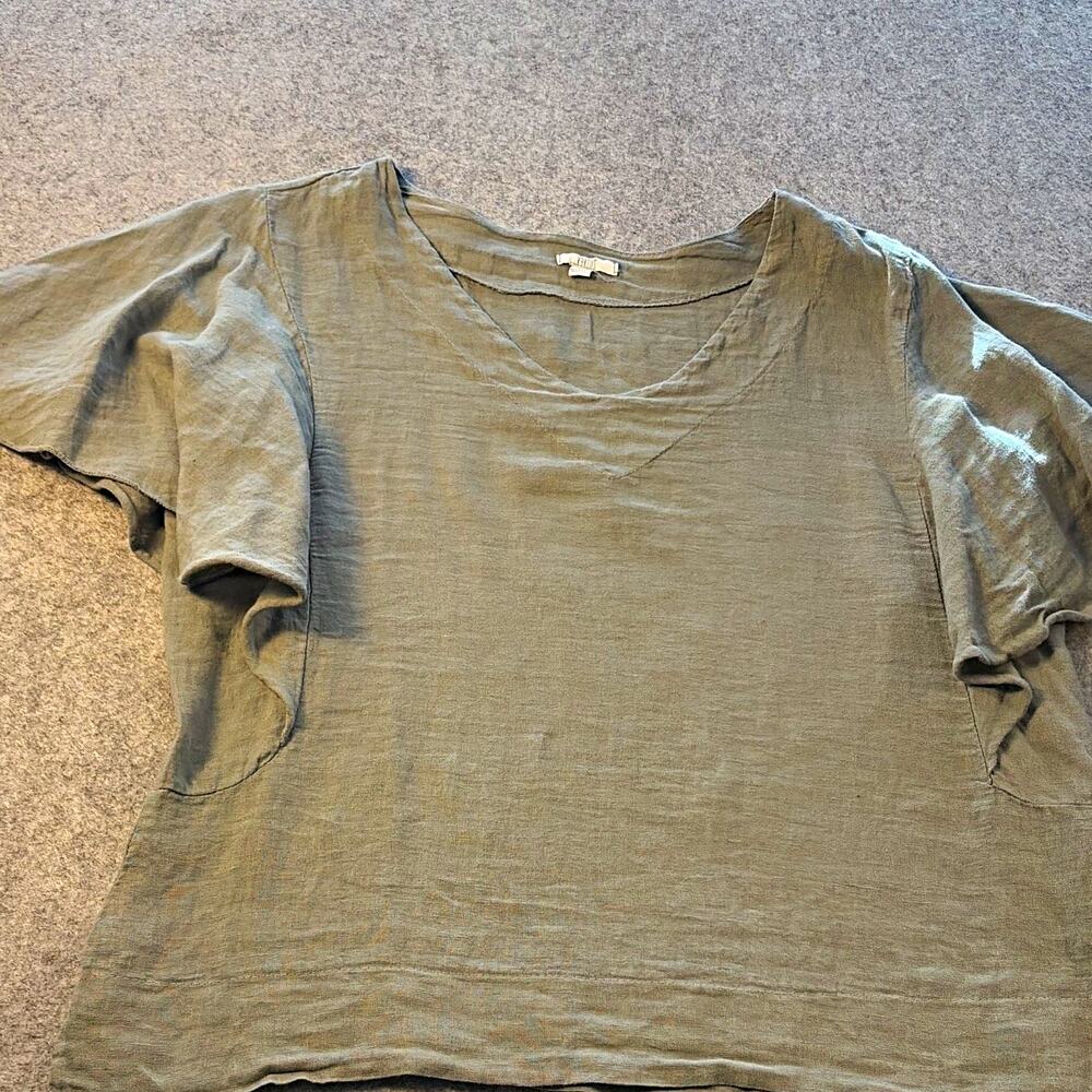 Xactus 100% Linen V-Neck Flutter Sleeve Ruffle Blouse Green L Boho cottagecore